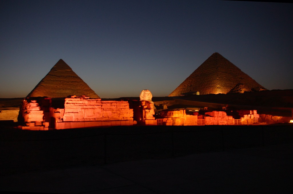 Pyramids of Giza at night