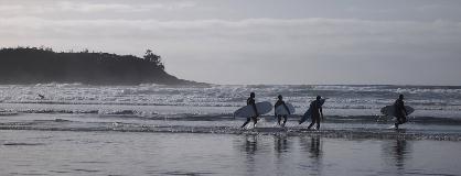 Surfers heading out to catch a wave