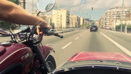 Cruising through Barcelona in the sidecar